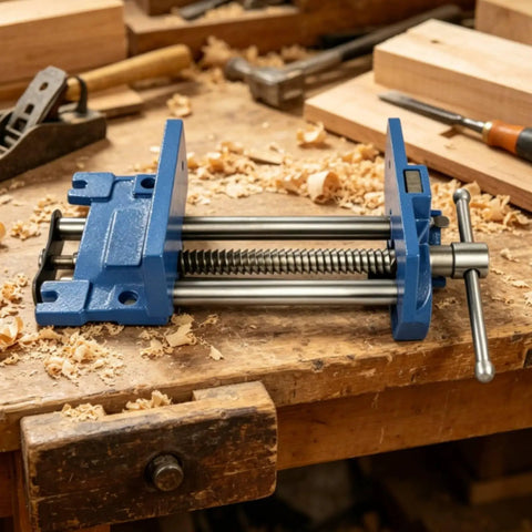 Sturdy Cast Iron Workbench Vise Clamp For Woodworking Pros Heavy Duty Bench Tool With Rock Solid Grip And Smooth Screw Action Perfect Shop Essential on a wooden table with shavings.