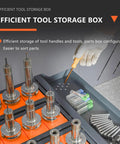 Gray CNC Tool Storage Cart With CAT50 CAT40 Compatibility showing tool slots and parts box with screwdriver, 500 kg capacity.