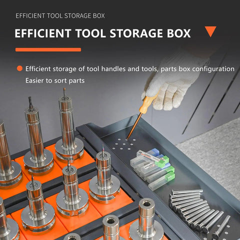 Gray CNC Tool Storage Cart With CAT50 CAT40 Compatibility showing tool slots and parts box with screwdriver, 500 kg capacity.