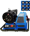 Badass Hydraulic Hose Crimper With Eight Precision Replaceable Dies For High Pressure Pipe Repair And Heavy Machinery Shop Work DC12V Portable Electric Crimping Tool, showing portable design with black crimper head and blue frame.