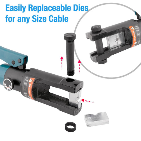 Close-up of Beefy Hydraulic Wire Crimping Tool Kit With 13 Dies showing replaceable die set and tool mechanism.