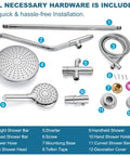 All components of Polished Chrome Retrofit Rain Shower System With 8 Inch Rainfall Head, ABS Handheld Sprayer, Wall Mount Shower Faucet Combo