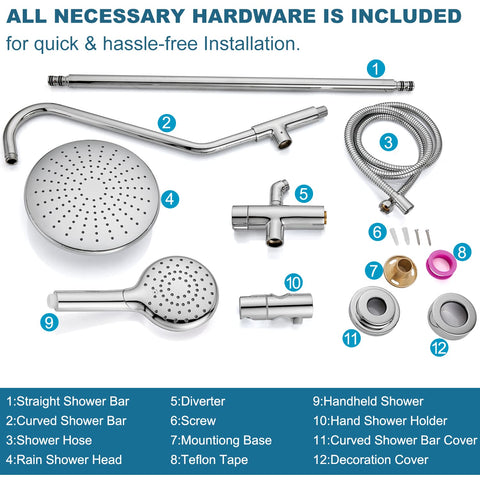 All components of Polished Chrome Retrofit Rain Shower System With 8 Inch Rainfall Head, ABS Handheld Sprayer, Wall Mount Shower Faucet Combo