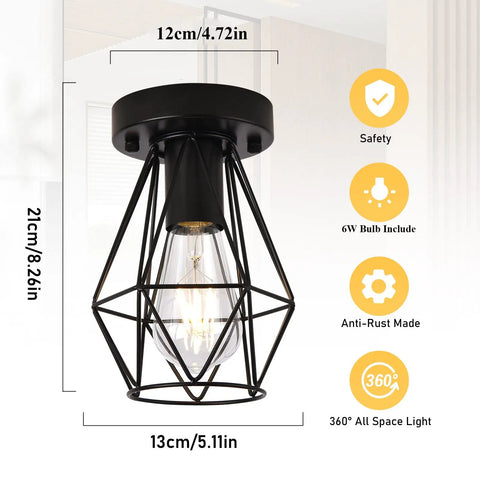 2-Pack Semi Flush Mount Ceiling Light Set In Industrial Black, Hollow Metal Cage Pendant Fixtures dimension details