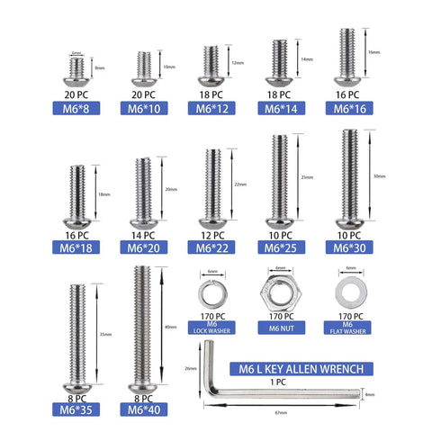 681 Piece M6 Bolt Set With 170 Socket Head Cap Screws 170 Nuts 170 Flat Washers And 170 Spring Lock Washers In 304 Stainless Steel Includes Hex Key For TV Mounts Furniture And Automotive Repair