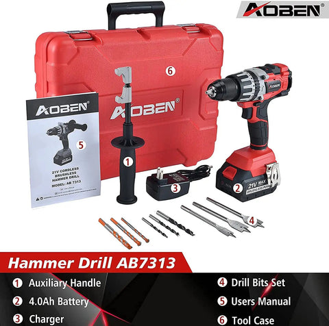 Beast Mode High Torque Cordless Hammer Drill With Brushless Motor 21V 1200 In-Lbs 1/2 Inch Chuck Kit With 4.0Ah Battery Charger And Auxiliary Handle Dual Speed 0-500 And 0-2000 RPM For Drilling And Hammering