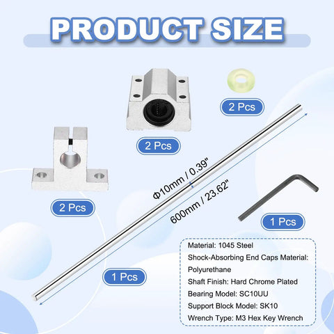 10mm By 600mm Linear Motion Rod Shaft Guide Kit With SC10UU Bearings And SK10 Rail Supports, hex wrench, parts display