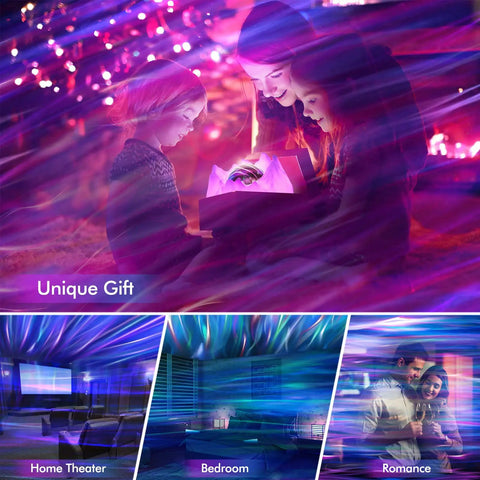 4 In 1 Northern Lights Aurora Projector With Bluetooth Speaker And White Noise Machine Galaxy Starry Sky Night Light for Kids and Adults, showcasing vibrant aurora effects in different room settings.