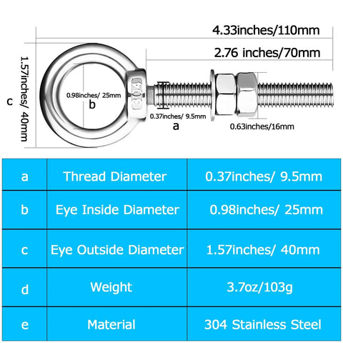 Heavy Duty Shoulder Eye Bolts 3 By 8 Inch Thread, 2.75 Inch Shaft, Premium Stainless Steel 304 With 2 Nuts And 1 Washer diagram