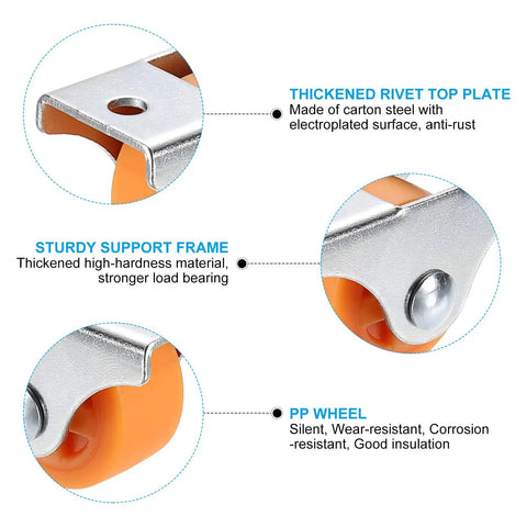 Close-up of 2 Inch Rigid Fixed Plate Caster Wheels Set 4 Pack Low Profile PP Casters with M4 Screws, orange, for drawers and cabinets.