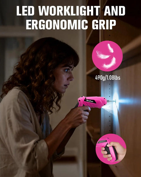 Person using Cordless Electric Screwdriver Set With LED Light And Flexible Shaft, ergonomic grip and LED illuminating work area