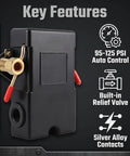 Heavy Duty One Port Air Compressor Pressure Switch With Built In Relief Valve And Automatic 95 To 125 Psi Cut On Off Control for easy installation and robust features.