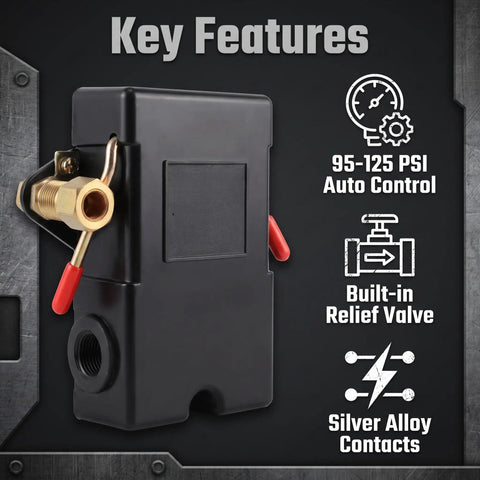 Heavy Duty One Port Air Compressor Pressure Switch With Built In Relief Valve And Automatic 95 To 125 Psi Cut On Off Control for easy installation and robust features.