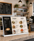 Hardcore Commercial Digital Signage Display Straight Up 23 Point 8 Inch Countertop Menu Board showcasing cafe menu items.
