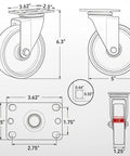 Heavy Duty 5 Inch Swivel Casters Set Of Four With Cast Iron Core And Polyurethane Tread dimensions showing 6.3 inch height and 5 inch wheel.