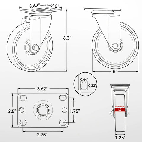 Heavy Duty 5 Inch Swivel Casters Set Of Four With Cast Iron Core And Polyurethane Tread dimensions showing 6.3 inch height and 5 inch wheel.