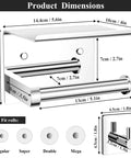 Diagram of Stainless Steel Toilet Paper Holder With Built In Phone Shelf And Towel Hooks Adhesive Or Screw Mount Wall Mounted Bathroom Tissue Roll Organizer In Polished Chrome with dimensions and roll size fit.