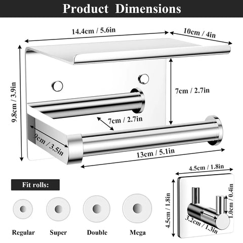 Diagram of Stainless Steel Toilet Paper Holder With Built In Phone Shelf And Towel Hooks Adhesive Or Screw Mount Wall Mounted Bathroom Tissue Roll Organizer In Polished Chrome with dimensions and roll size fit.