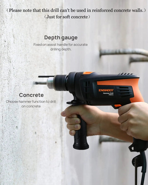Beast 1/2 Inch 6 Amp Corded Hammer Drill Kit With Variable Speed drilling into concrete wall