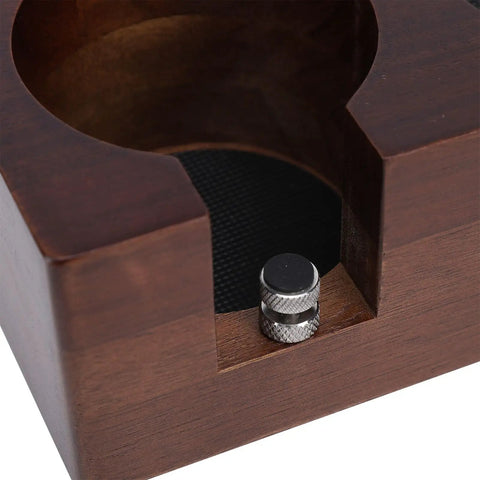 This Dead Easy Acacia Wood Coffee Tamper Station Keeps Your Espresso Gear Tidy And Quick To Grab Featuring Grippy Rubber Pads for a unit detail.