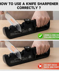 Four In One Knife Sharpener With Non Slip Base And Adjustable Angle Guide demonstrates correct and incorrect sharpening techniques with hands on tool.