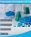 Three Pack Polypropylene Containment Tray Set 15 Inch Long, 10.8 Inch Wide, 4 Inch High Rectangular Lab Tray with lab supplies