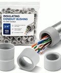 100 Pack Three Quarter Inch Emt Insulating Conduit Bushings White Plastic Cable Grommets Nec Approved with wires in bushing.