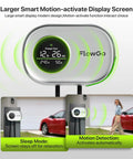 Larger smart motion-activated display of the Beast Mode Level 2 EV Charger for Tesla and All EVs, showing charge status and modes.