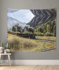 Locomotive Train Wall Tapestry Print For Bedroom Living Room Dorm featuring a steam train in a scenic mountain landscape, 60x51in