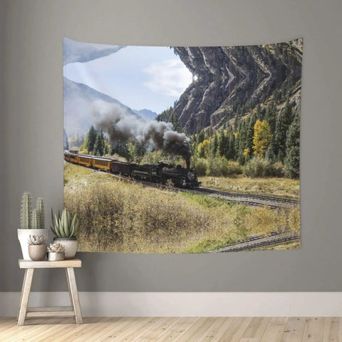 Locomotive Train Wall Tapestry Print For Bedroom Living Room Dorm featuring a steam train in a scenic mountain landscape, 60x51in