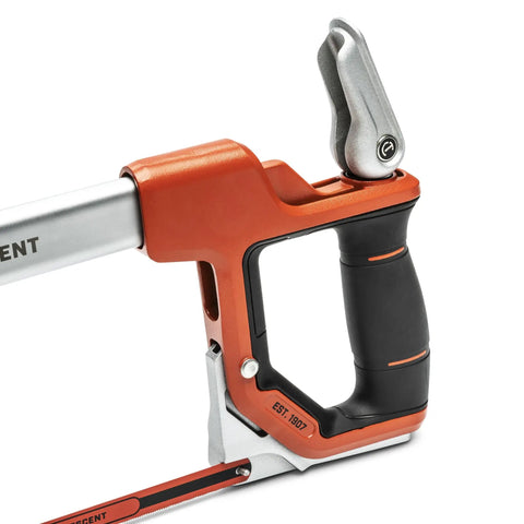 Close-up of 12 Inch Fast Tension Hacksaw With Dual Material Handle, showing ergonomic front grip and on-board blade storage.