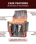 Right Hand Electrician Tool Case With 25 Pockets And Tool Holders, showing reinforced stitching and metal utility clip.