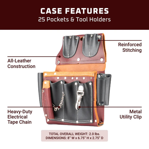 Right Hand Electrician Tool Case With 25 Pockets And Tool Holders, showing reinforced stitching and metal utility clip.