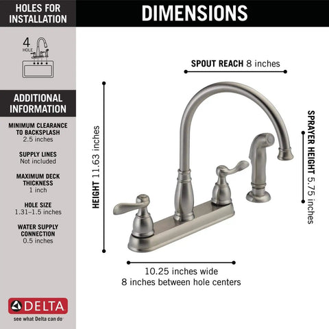Windemere Brushed Nickel Kitchen Faucet With Side Sprayer Four Hole 8 Inch Center Installation dimensions diagram