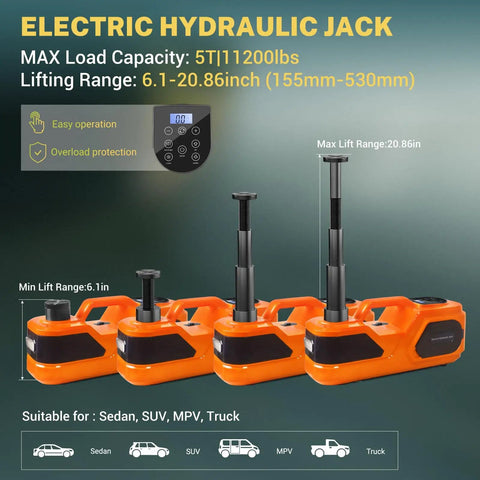 5 Ton Cordless Electric Car Jack Kit with Hydraulic Lift and LCD showing max load capacity and lifting range for vehicles.