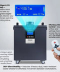 Heavy Duty Laser Welding Fume Extractor Packed With Dual Carbon Filters And Four Stage Air Purification For Serious Soldering And Engraving Workbenches Built Different showing LCD display and remote control.