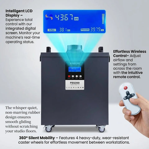 Heavy Duty Laser Welding Fume Extractor Packed With Dual Carbon Filters And Four Stage Air Purification For Serious Soldering And Engraving Workbenches Built Different showing LCD display and remote control.