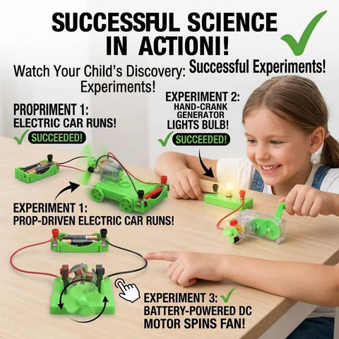 Child using Hands On Electricity Lab Kit For Kids And Students with working hand crank generator and DC motor experiments