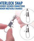 30 Pack Ball Bearing Snap Swivels for Fishing Tackle with Safety Interlock, Saltwater and Freshwater Ready, Stainless Clips and Leader Line Connectors, Ultra Smooth Brass Swivel with Stainless Bearings for Less Twist showing interlock snap close-up