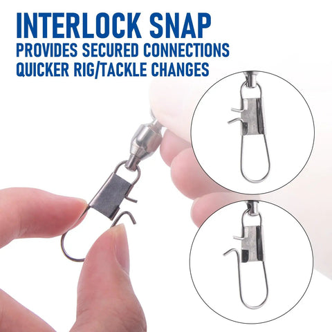 30 Pack Ball Bearing Snap Swivels for Fishing Tackle with Safety Interlock, Saltwater and Freshwater Ready, Stainless Clips and Leader Line Connectors, Ultra Smooth Brass Swivel with Stainless Bearings for Less Twist showing interlock snap close-up