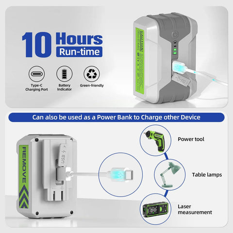 Rock Solid 360 Self Leveling Green Laser Level battery pack showing 10 hours run-time, Type-C port, and power bank usage.