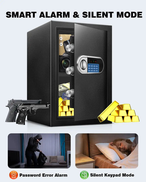 2.5 Cu Ft Home Safe Box, Heavy Duty Steel Digital Lock Security Safe With LED Light, open with gold bars and items inside