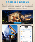 Smart Dimmer Switch With Remote, Neutral Wire Required, Plays Nice With Apple HomeKit, Alexa, Google Assistant And SmartThings, 2.4GHz Wi Fi, Converts Single Pole To 3 Way, No Hub Needed, Fits Decora GFCI Faceplates, Quick Install schedule and scenes setup with app interface and house exterior at sunset.