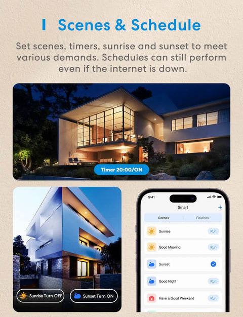 Smart Dimmer Switch With Remote, Neutral Wire Required, Plays Nice With Apple HomeKit, Alexa, Google Assistant And SmartThings, 2.4GHz Wi Fi, Converts Single Pole To 3 Way, No Hub Needed, Fits Decora GFCI Faceplates, Quick Install schedule and scenes setup with app interface and house exterior at sunset.