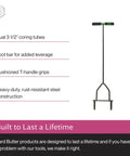 Manual Lawn Coring Aerator With Long Handle, Powder Coated Steel Construction, Cushioned Handles, showing dual coring tubes.