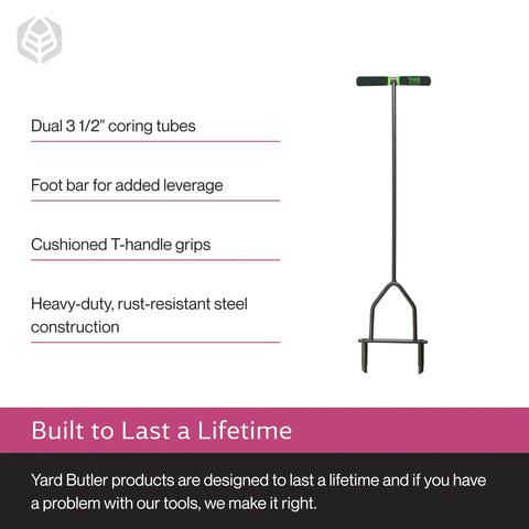Manual Lawn Coring Aerator With Long Handle, Powder Coated Steel Construction, Cushioned Handles, showing dual coring tubes.