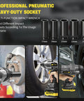 Heavy Duty Cordless Impact Wrench Packing 2200Nm Of Badass Torque To Rip Through Truck Tire Lug Nuts Fast 21V Brushless Half Inch Electric Impact Gun with various sockets in use.