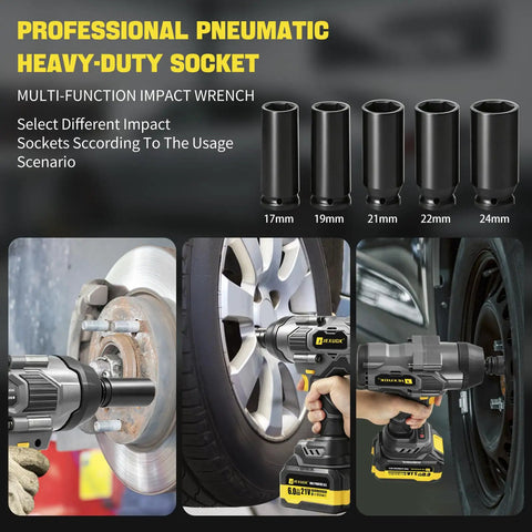 Heavy Duty Cordless Impact Wrench Packing 2200Nm Of Badass Torque To Rip Through Truck Tire Lug Nuts Fast 21V Brushless Half Inch Electric Impact Gun with various sockets in use.