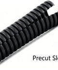 1/4 Inch Split Wire Loom Tubing High Temp Corrugated Cable Sleeve Flexible Auto Marine Wiring Conduit 100 Ft showing precut slot for easy installation.
