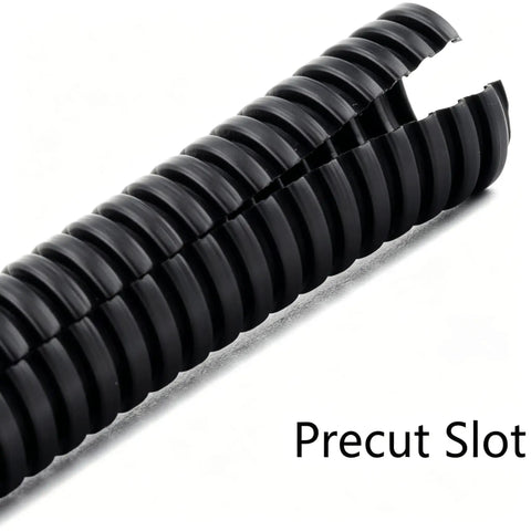 1/4 Inch Split Wire Loom Tubing High Temp Corrugated Cable Sleeve Flexible Auto Marine Wiring Conduit 100 Ft showing precut slot for easy installation.